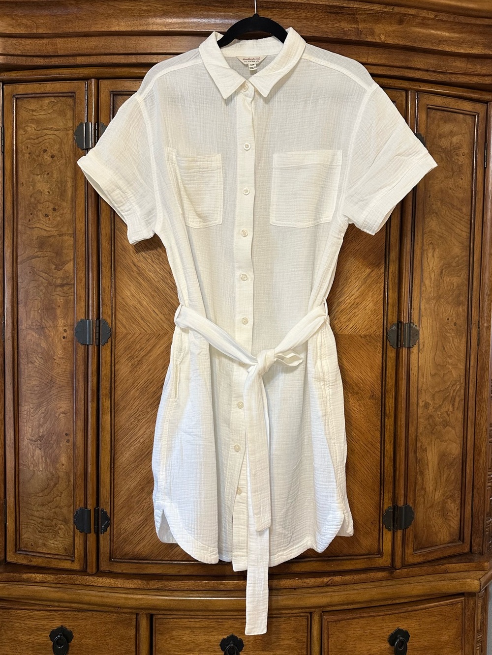 Weatherproof Vintage Cotton Gauze Shirt Dress Cream Belted Button Front Pockets - Picture 2 of 11